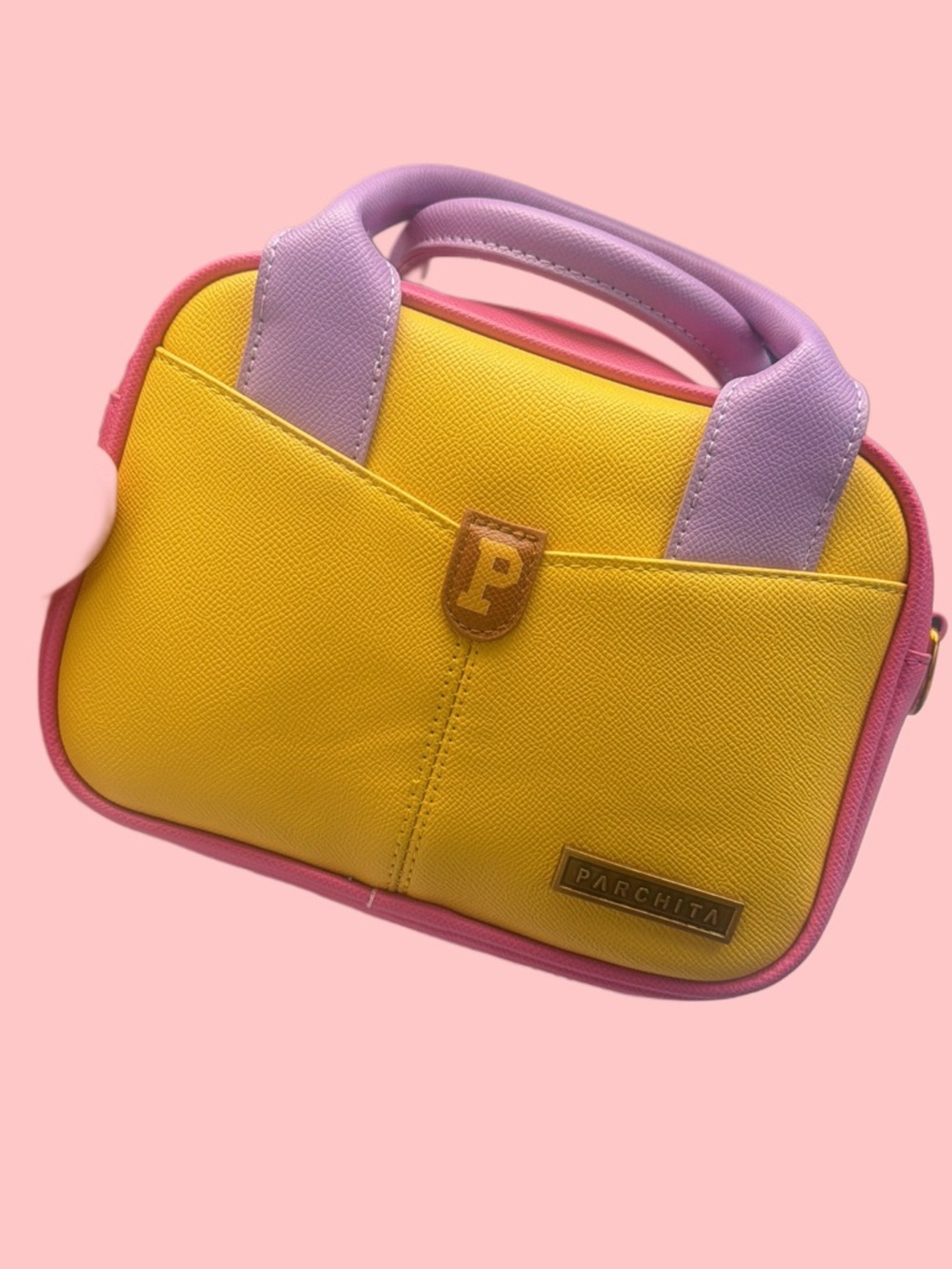 Yellow & Pink Women’s Top-Handle Bag with Lilac Handles. P (Parchita)